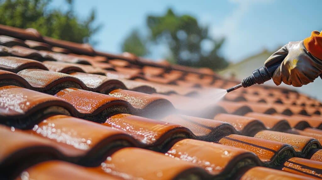 A person cleaning a tiled roof with a pressure washer on a sunny day.