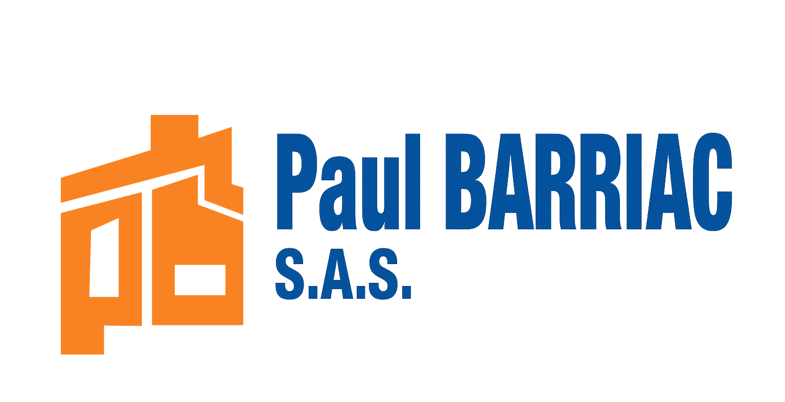 Logo Paul BARRIAC S.A.S. avec un bâtiment stylisé orange, évoquant la construction ou l'immobilier.