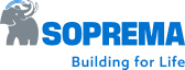 Logo SOPREMA officiel – Solutions bâtiment & étanchéité Logo SOPREMA bleu avec un éléphant gris. Le slogan «Building for Life» est inscrit en dessous.