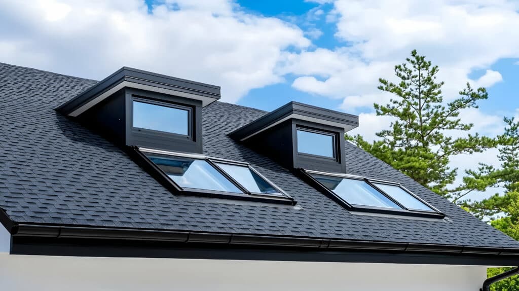 Toit moderne : Lucarnes et fenêtres de toit noires élégantes Toit moderne en bardeaux foncés avec deux lucarnes noires et deux fenêtres de toit. Ciel bleu nuageux et arbres verts en arrière-plan.